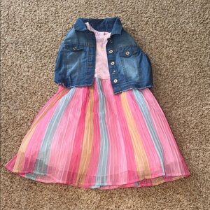 Rare Editions Multicolor Pleated Chiffon Dress & Denim Vest 2-Piece Set size 7